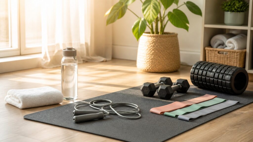 gym accessories for beginners arranged in a practical buyer guide scene