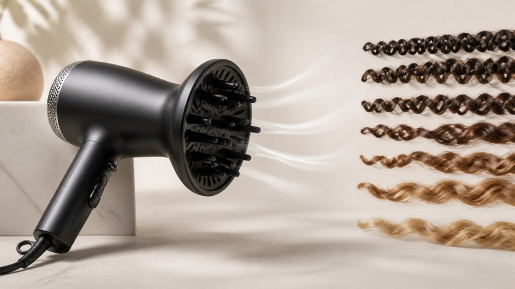 Unbranded editorial arrangement illustrating Hair Dryers Buying Guide for Curl Definition
