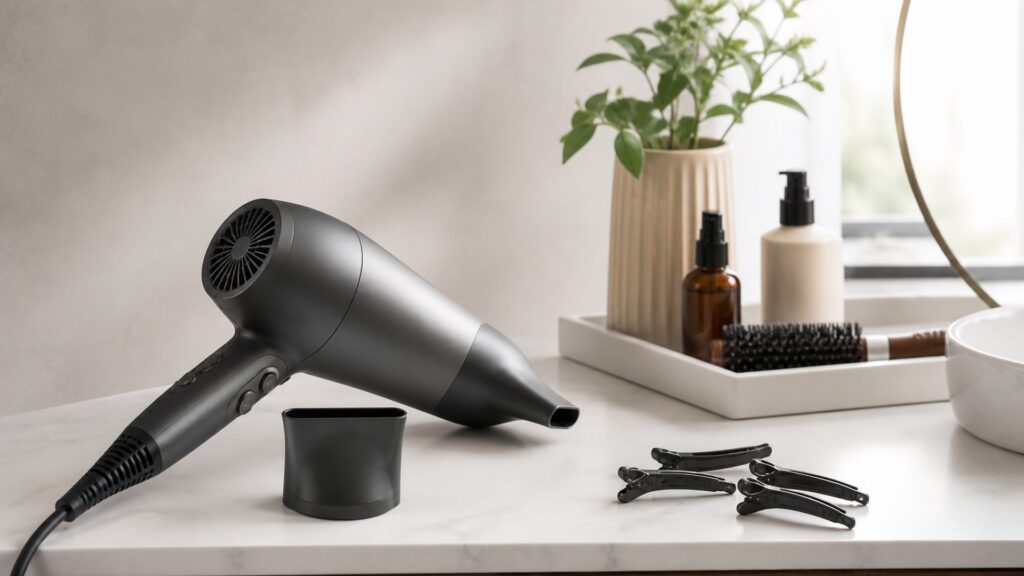 Unbranded editorial arrangement illustrating Hair Dryers Buying Guide for Fast Styling