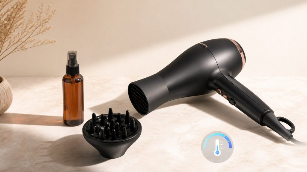 Unbranded editorial arrangement illustrating Hair Dryers Buying Guide for Heat Protection