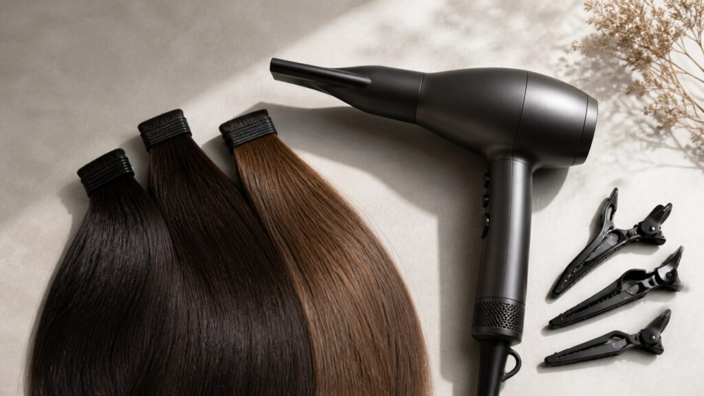 Unbranded editorial arrangement illustrating Hair Dryers Buying Guide for Thick Hair