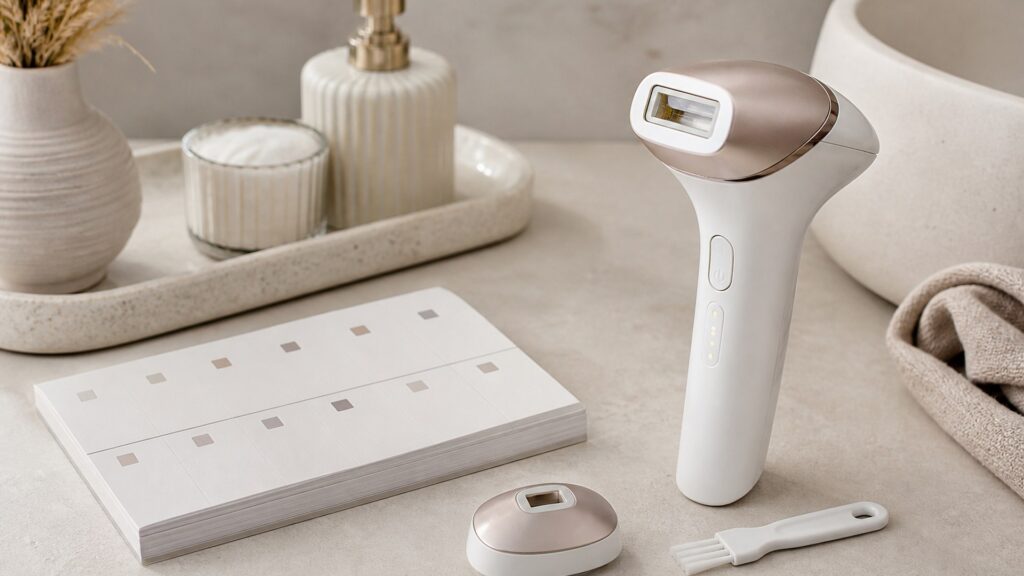 Unbranded editorial arrangement for hair-removal devices for weekly skincare