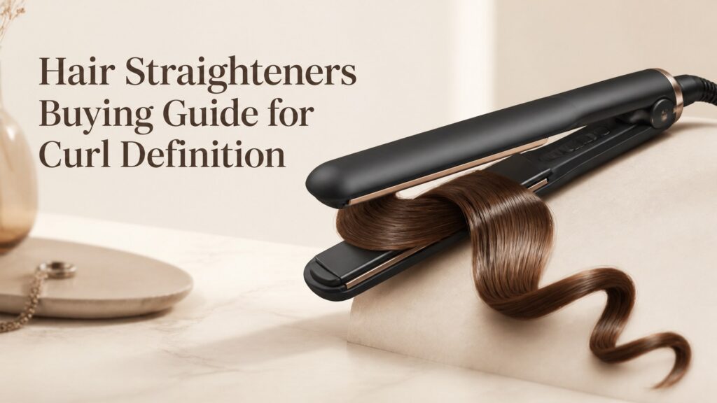 Unbranded editorial arrangement illustrating Hair Straighteners Buying Guide for Curl Definition