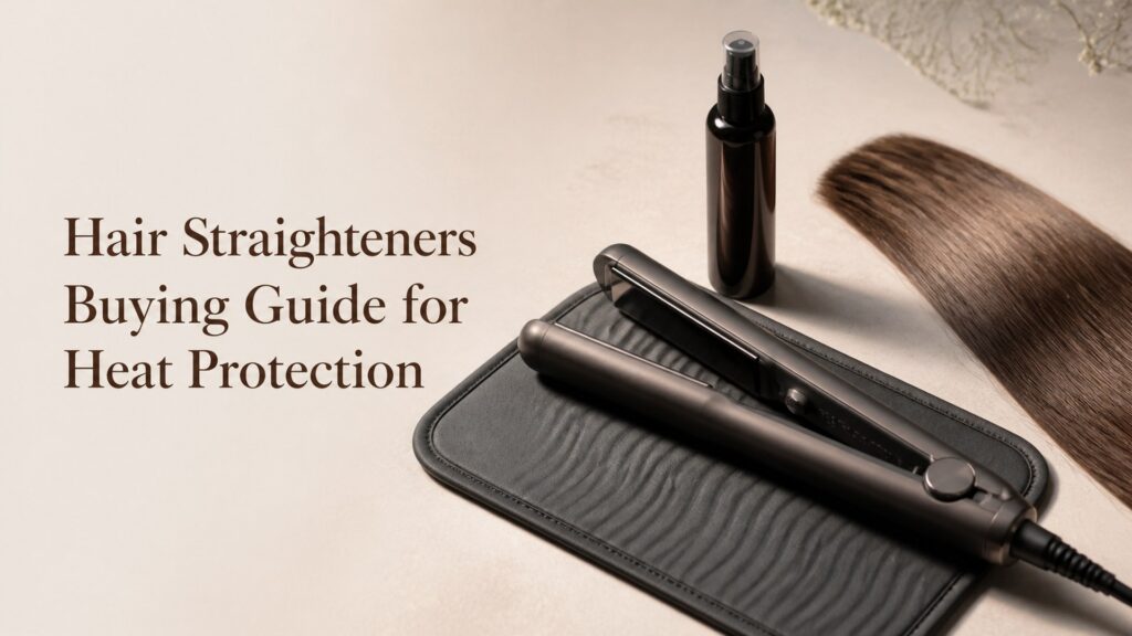 Unbranded editorial arrangement illustrating Hair Straighteners Buying Guide for Heat Protection
