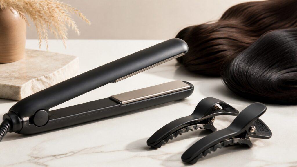 Unbranded editorial arrangement illustrating Hair Straighteners Buying Guide for Thick Hair