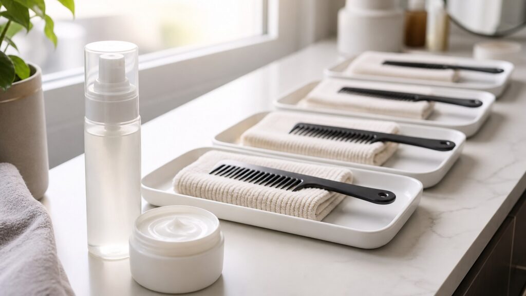 Unbranded editorial arrangement illustrating Hair Styling Products Buying Guide for Daily Wash Routines