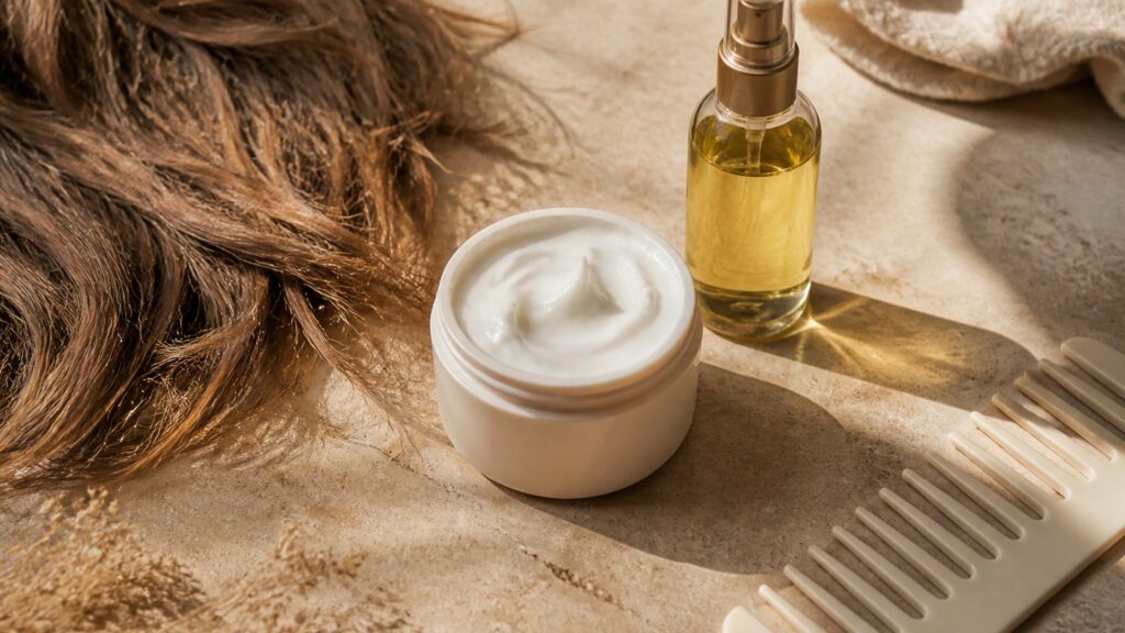 Unbranded editorial arrangement illustrating Hair Styling Products Buying Guide for Dry Hair