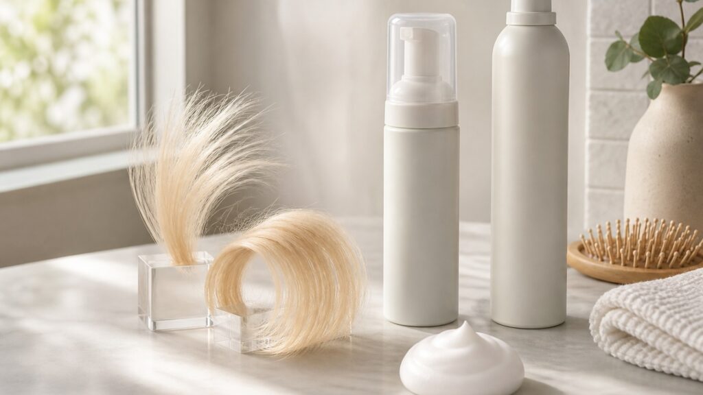 Unbranded editorial arrangement illustrating Hair Styling Products Buying Guide for Fine Hair