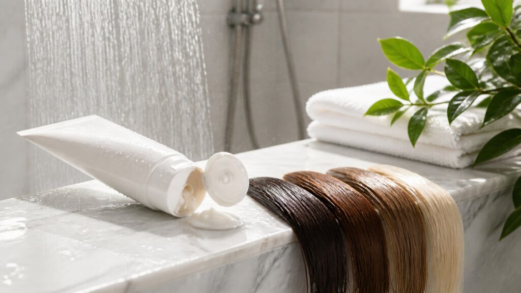 Unbranded editorial arrangement illustrating Hair Treatments Buying Guide for Daily Wash Routines