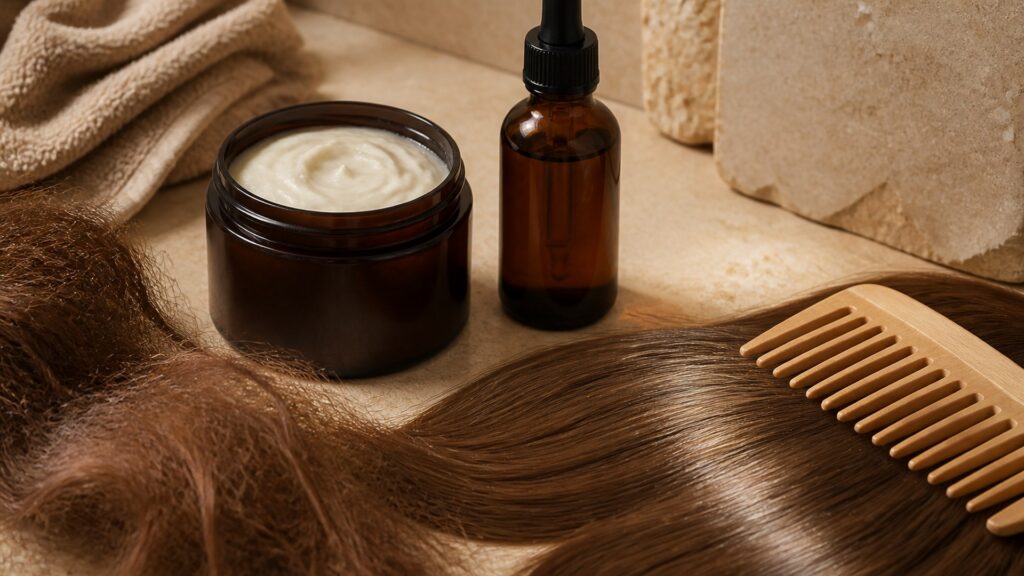 Unbranded editorial arrangement illustrating Hair Treatments Buying Guide for Dry Hair