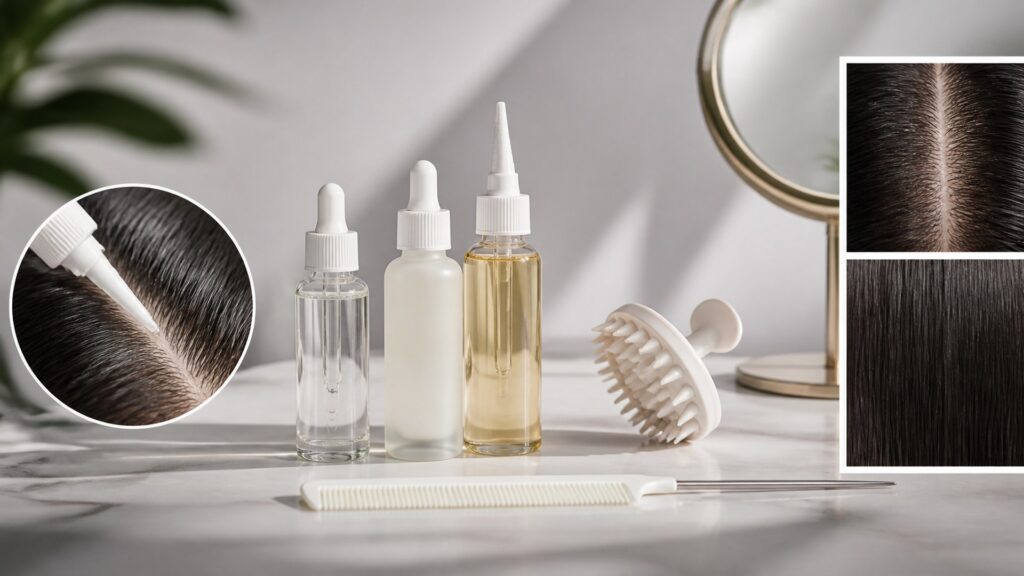 Unbranded editorial arrangement illustrating Hair Treatments Buying Guide for Scalp Care