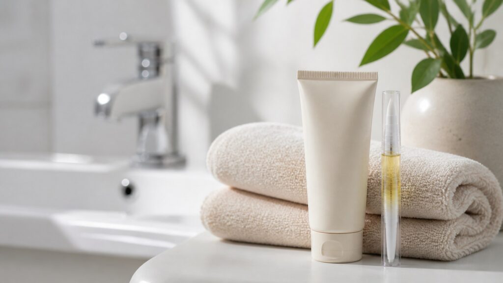 Unbranded editorial scene illustrating hand care for daily showers