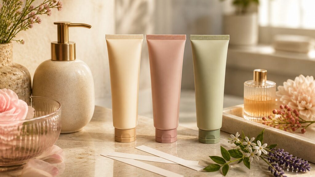 Unbranded editorial arrangement for hand-care formulas for fragrance layering