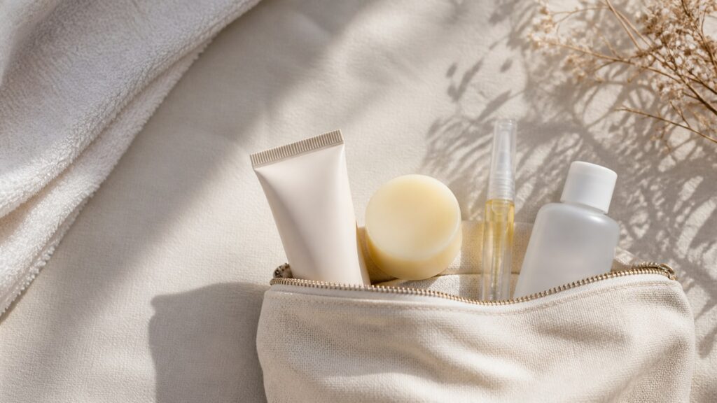 Unbranded editorial scene illustrating hand care for travel kits