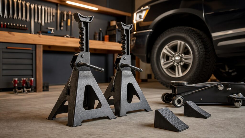heavy duty jack stands shopping setup for home garage workflows with practical vehicle-focused details