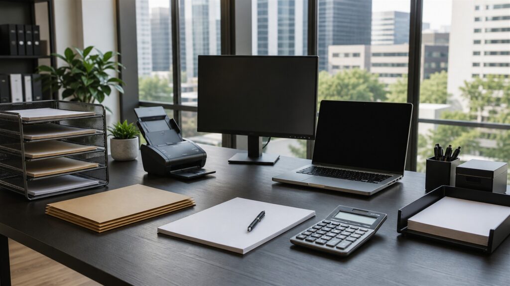unbranded enterprise finance operations desk with dual blank reporting screens, secure document trays, approval tokens, calculator, and network gateway for a independent-worker workflows buying decision
