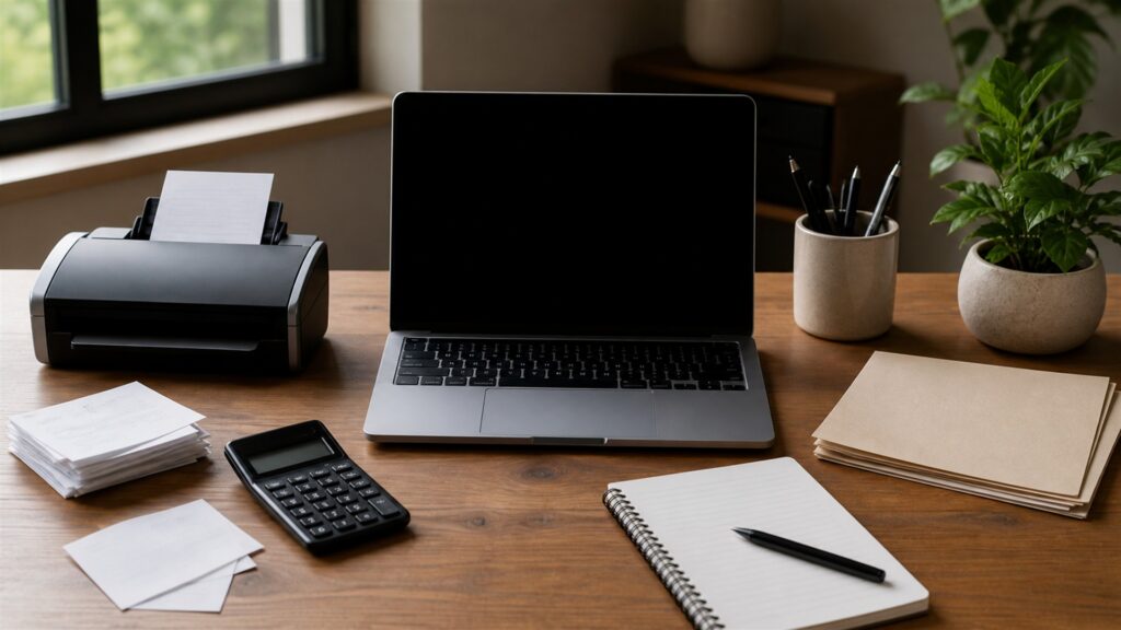 unbranded solo finance desk with powered-off laptop, receipt scanner, calculator, blank invoice papers, plain folders, and tax document box for a independent-worker workflows buying decision
