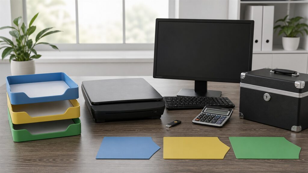 small business tax desk with powered-off computer, compact scanner, calculator, plain document folders, secure archive box, calendar cards, and tidy finance supplies for a tax automation buying decision