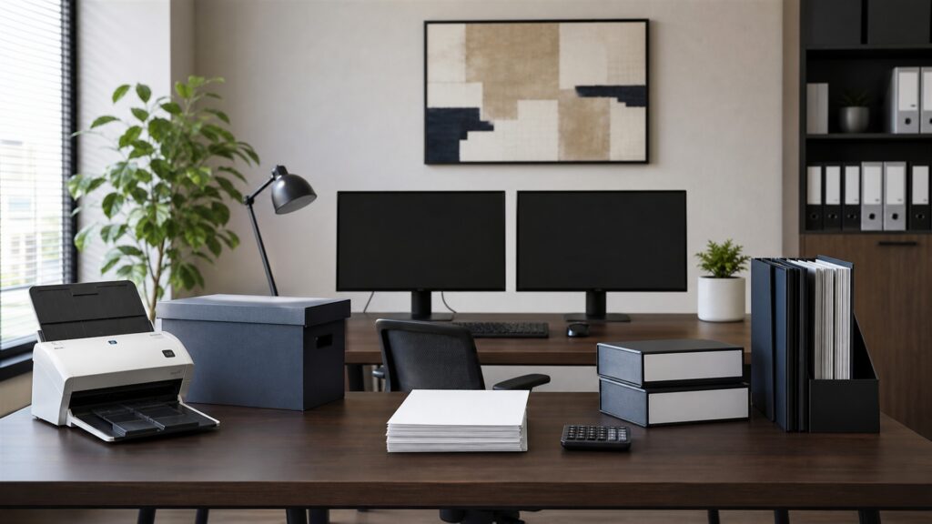 unbranded enterprise finance operations desk with dual blank reporting screens, secure document trays, approval tokens, calculator, and network gateway for a compliance reporting buying decision