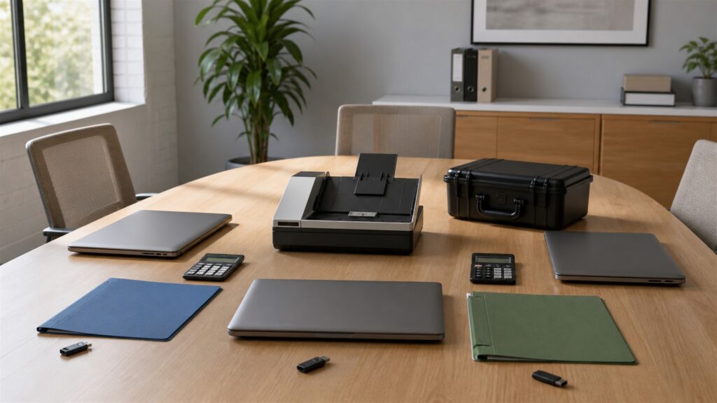 small business tax desk with powered-off computer, compact scanner, calculator, plain document folders, secure archive box, calendar cards, and tidy finance supplies for a finance teams buying decision