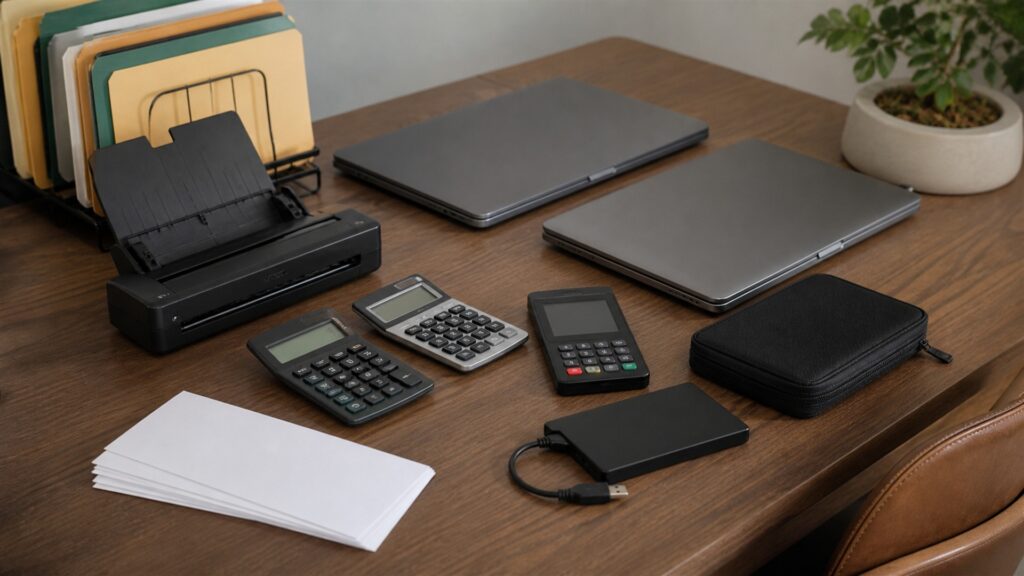 small business tax desk with powered-off computer, compact scanner, calculator, plain document folders, secure archive box, calendar cards, and tidy finance supplies for a independent work buying decision