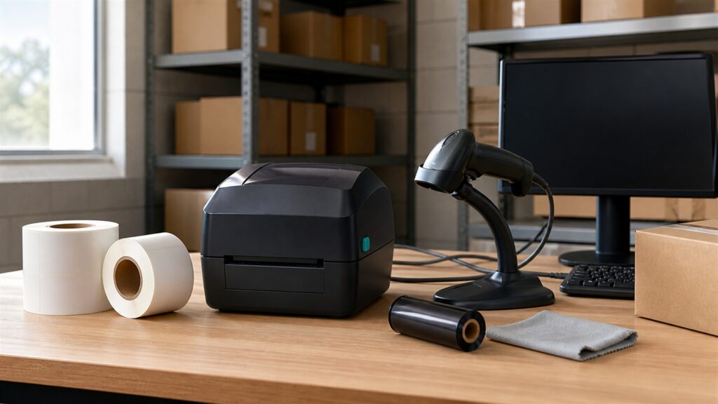 barcode label printing station with powered-off monitor, compact thermal label printer, blank label rolls, scanner, plain cartons, cleaning supplies, and organized cables for a general selection buying decision