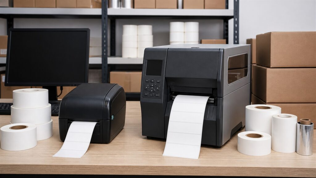 barcode label printing station with powered-off monitor, compact thermal label printer, blank label rolls, scanner, plain cartons, cleaning supplies, and organized cables for a volume and throughput buying decision