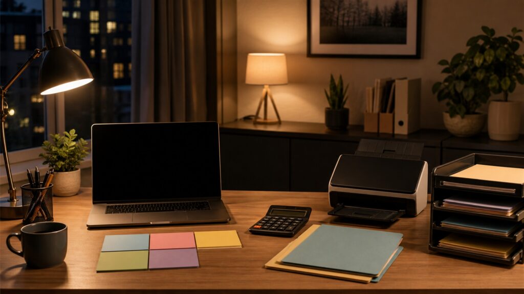 unbranded solo finance desk with powered-off laptop, receipt scanner, calculator, blank invoice papers, plain folders, and tax document box for a year-end close planning buying decision