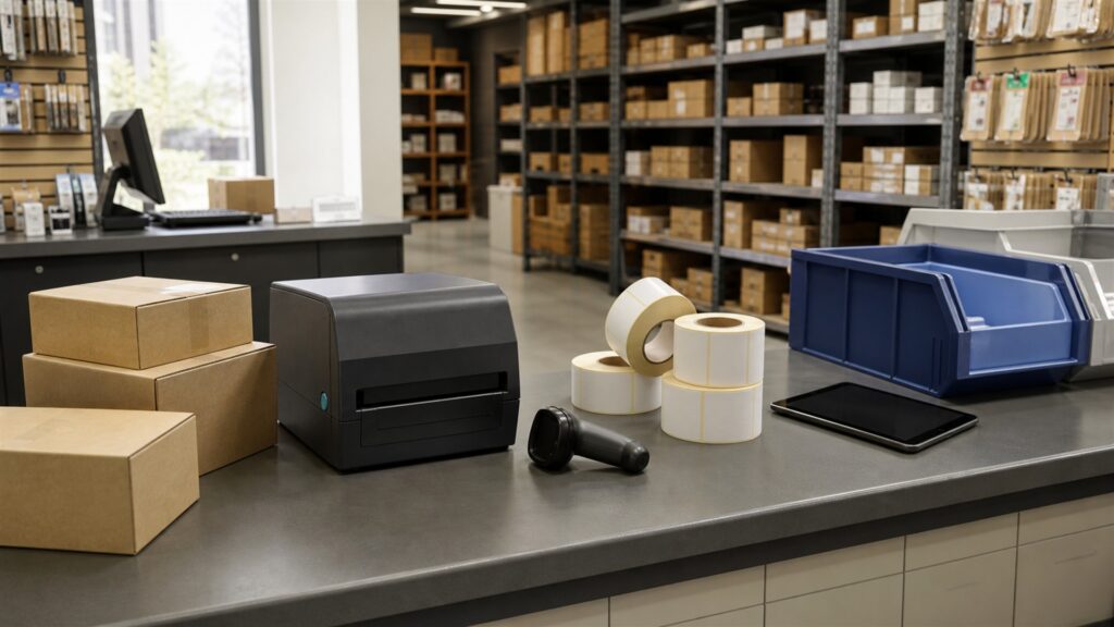 barcode label printing station with powered-off monitor, compact thermal label printer, blank label rolls, scanner, plain cartons, cleaning supplies, and organized cables for a retail operations buying decision