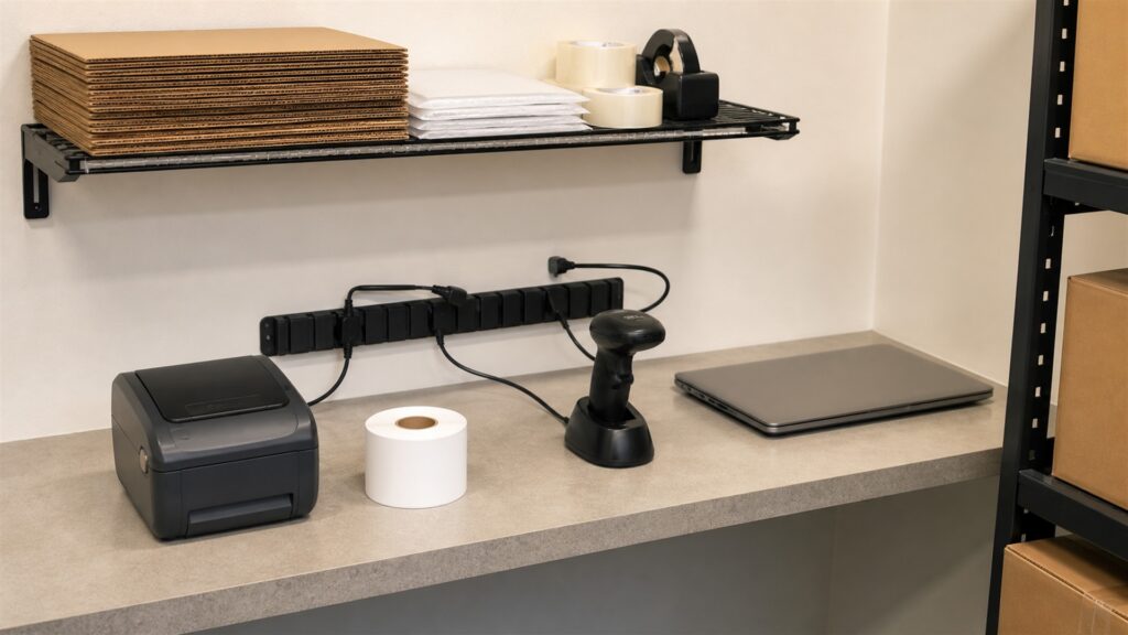 barcode label printing station with powered-off monitor, compact thermal label printer, blank label rolls, scanner, plain cartons, cleaning supplies, and organized cables for a space and setup buying decision
