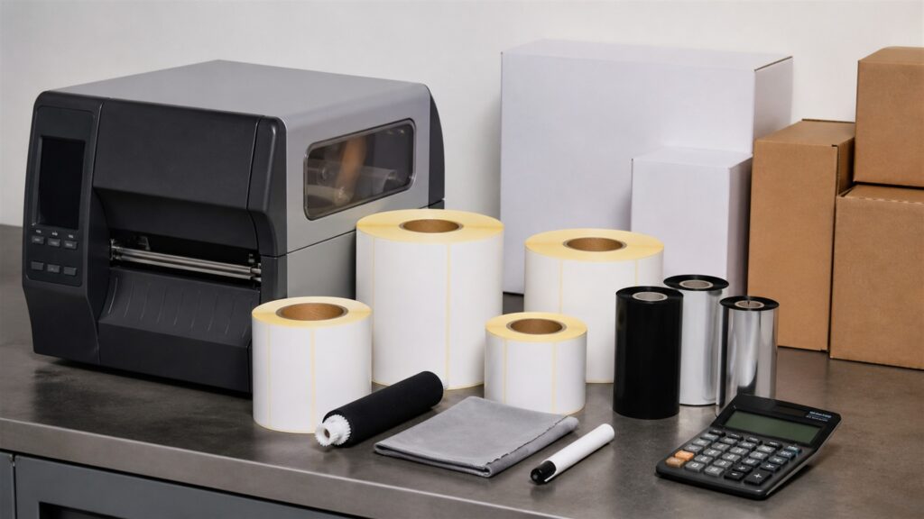 barcode label printing station with powered-off monitor, compact thermal label printer, blank label rolls, scanner, plain cartons, cleaning supplies, and organized cables for a maintenance costs buying decision