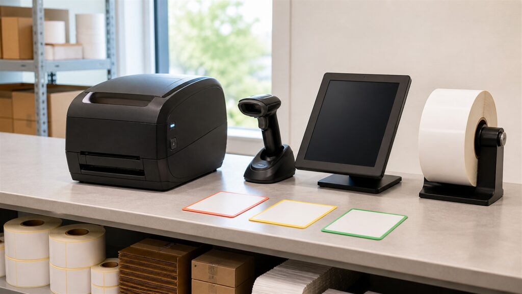 barcode label printing station with powered-off monitor, compact thermal label printer, blank label rolls, scanner, plain cartons, cleaning supplies, and organized cables for a daily use buying decision