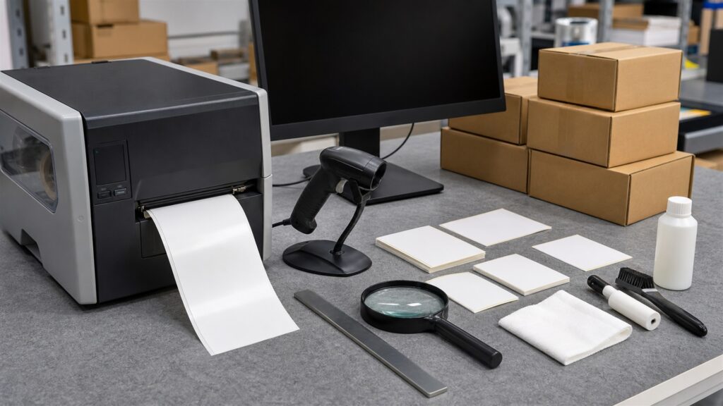 barcode label printing station with powered-off monitor, compact thermal label printer, blank label rolls, scanner, plain cartons, cleaning supplies, and organized cables for a accuracy buying decision