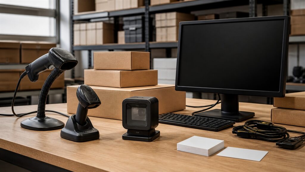 barcode scanning workstation with powered-off monitor, handheld barcode scanners on stands, plain cartons, blank inventory cards, charging dock, and tidy cables for a general selection buying decision