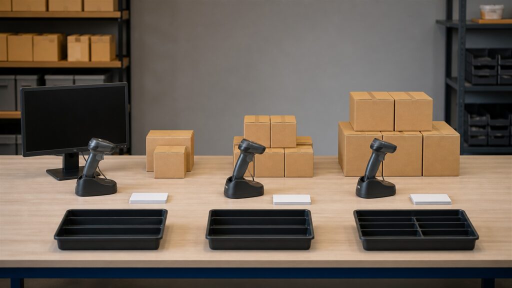 barcode scanning workstation with powered-off monitor, handheld barcode scanners on stands, plain cartons, blank inventory cards, charging dock, and tidy cables for a volume and throughput buying decision