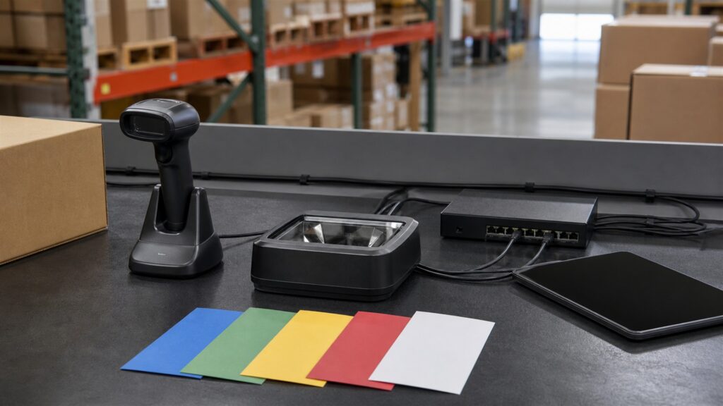 barcode scanning workstation with powered-off monitor, handheld barcode scanners on stands, plain cartons, blank inventory cards, charging dock, and tidy cables for a barcode workflow buying decision