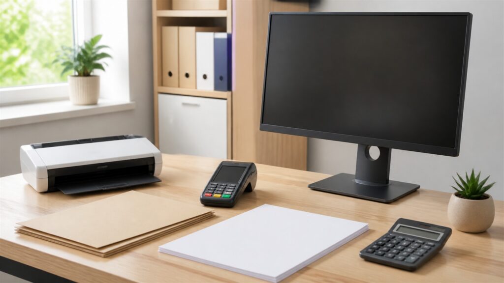 unbranded small business finance desk with powered-off monitor, calculator, receipt scanner, blank bills, payment terminal, and plain folders for a general selection buying decision