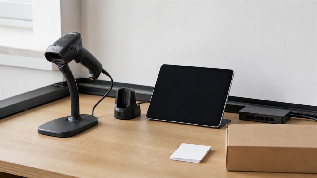 barcode scanning workstation with powered-off monitor, handheld barcode scanners on stands, plain cartons, blank inventory cards, charging dock, and tidy cables for a space and setup buying decision