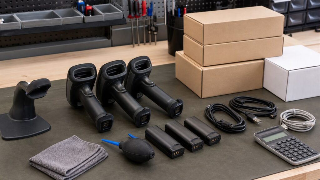 barcode scanning workstation with powered-off monitor, handheld barcode scanners on stands, plain cartons, blank inventory cards, charging dock, and tidy cables for a maintenance costs buying decision