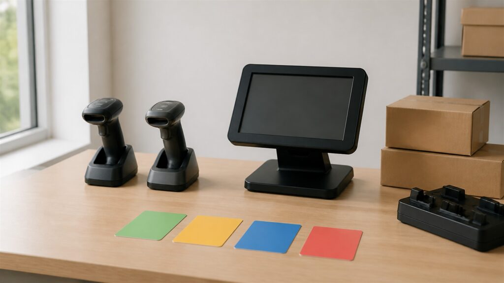 barcode scanning workstation with powered-off monitor, handheld barcode scanners on stands, plain cartons, blank inventory cards, charging dock, and tidy cables for a daily use buying decision