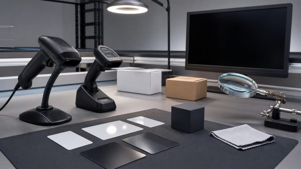 barcode scanning workstation with powered-off monitor, handheld barcode scanners on stands, plain cartons, blank inventory cards, charging dock, and tidy cables for a accuracy buying decision