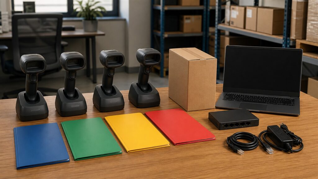 barcode scanning workstation with powered-off monitor, handheld barcode scanners on stands, plain cartons, blank inventory cards, charging dock, and tidy cables for a multi-location deployment buying decision