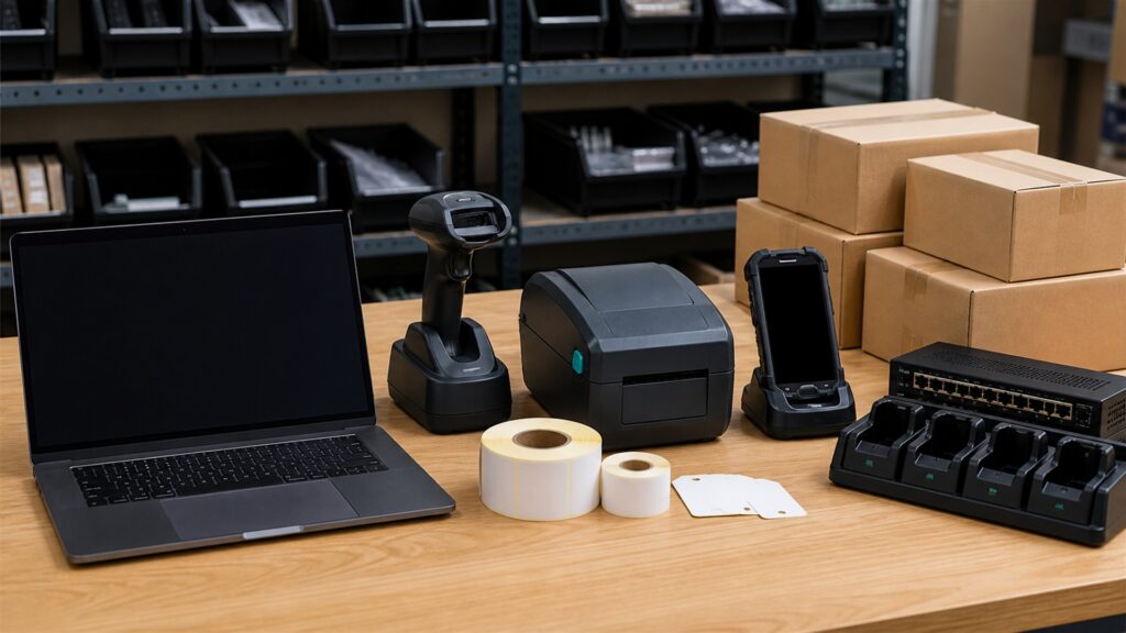 inventory barcode operations table with powered-off laptop, handheld scanners, compact label printer, blank tags, plain cartons, charging dock, and network device for a general selection buying decision