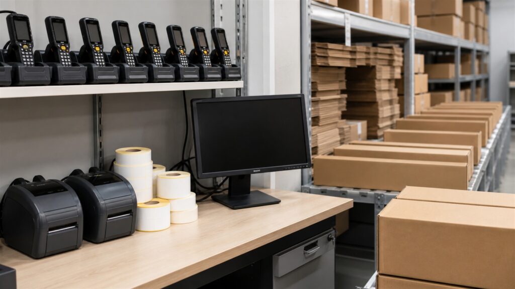 inventory barcode operations table with powered-off laptop, handheld scanners, compact label printer, blank tags, plain cartons, charging dock, and network device for a volume and throughput buying decision