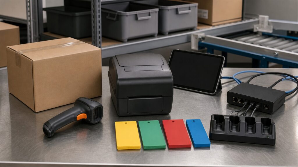 inventory barcode operations table with powered-off laptop, handheld scanners, compact label printer, blank tags, plain cartons, charging dock, and network device for a barcode workflow buying decision