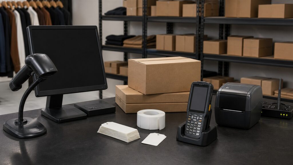 inventory barcode operations table with powered-off laptop, handheld scanners, compact label printer, blank tags, plain cartons, charging dock, and network device for a retail operations buying decision