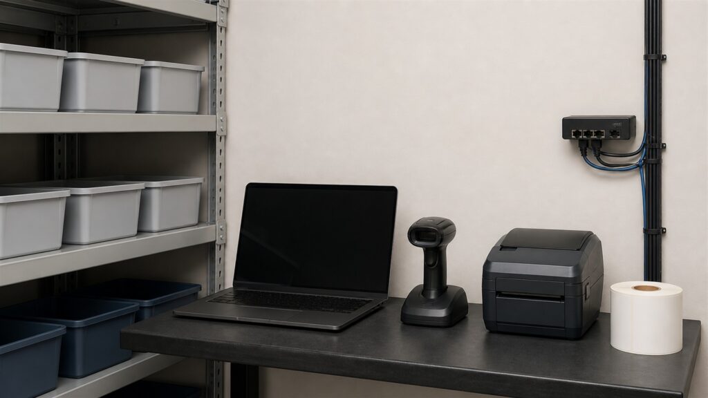 inventory barcode operations table with powered-off laptop, handheld scanners, compact label printer, blank tags, plain cartons, charging dock, and network device for a space and setup buying decision