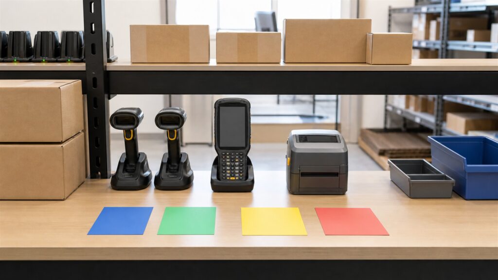 inventory barcode operations table with powered-off laptop, handheld scanners, compact label printer, blank tags, plain cartons, charging dock, and network device for a daily use buying decision