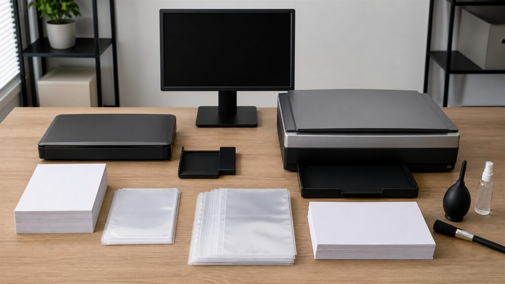 document digitization desk with powered-off monitor, flatbed scanner with lid closed, archival folders, blank photographs face down, calibration card without text, and cleaning tools for a volume and throughput buying decision