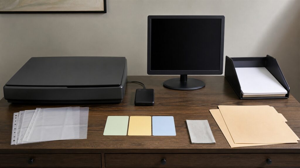 document digitization desk with powered-off monitor, flatbed scanner with lid closed, archival folders, blank photographs face down, calibration card without text, and cleaning tools for a document workflow buying decision